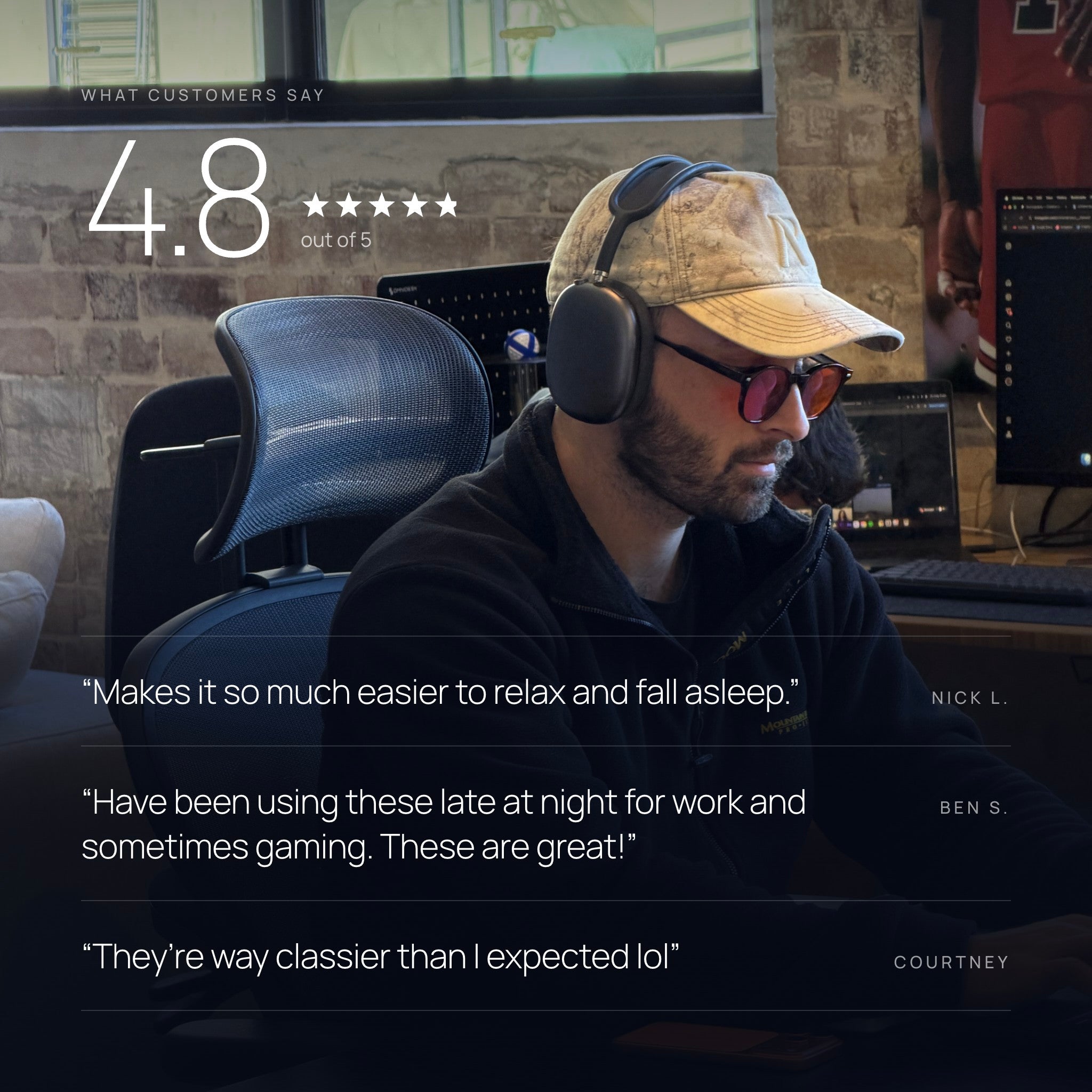 Rated 4.8 out of 5 by customers, man at his desk wearing orange lens Blue Light Blockers