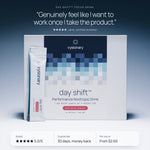 Day Shift Performance Nootropic Drink box and sachet. "Genuinely feel like I want to work once I take the product." Jane, verified reviewer. Rated 5.0/5, 30 days money back, from $2.60 per serve.
