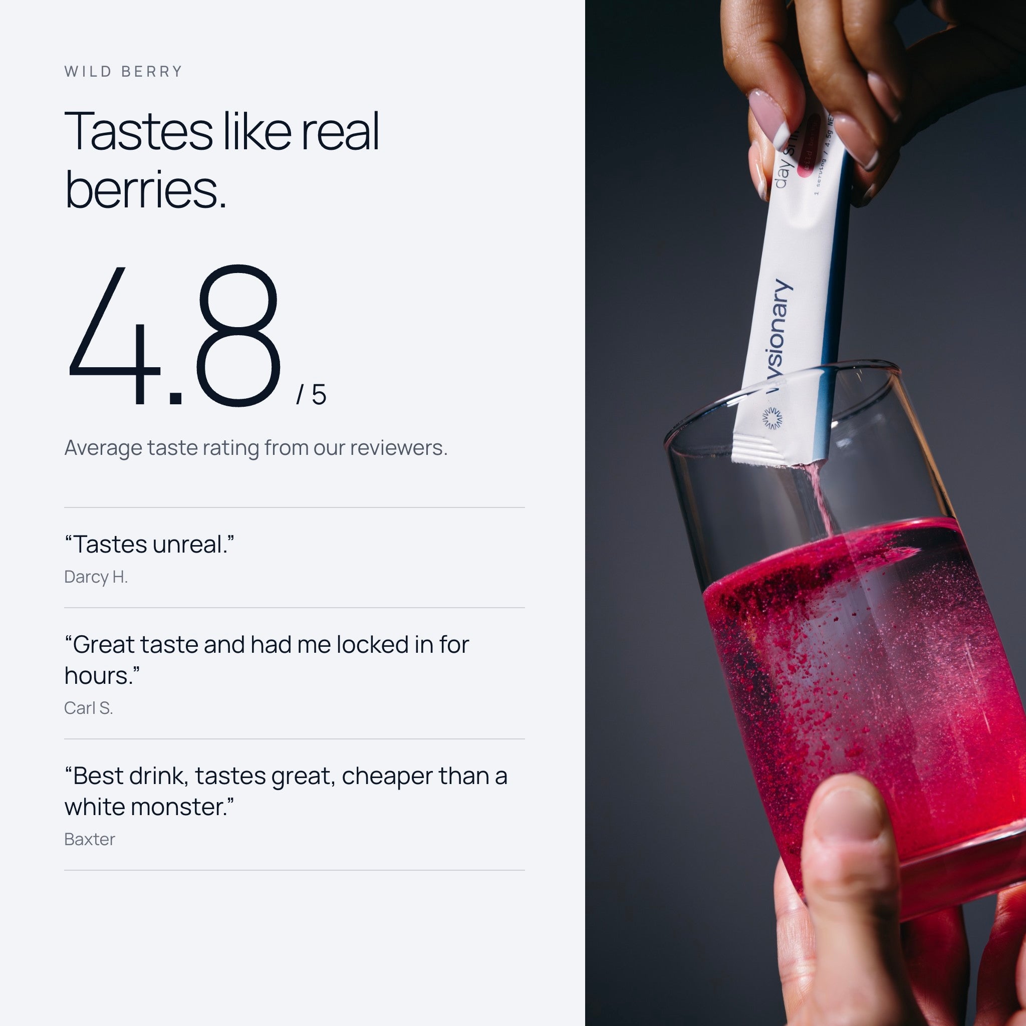 Wild berry. Tastes like real berries. Average taste rating 4.8 out of 5 from reviewers.