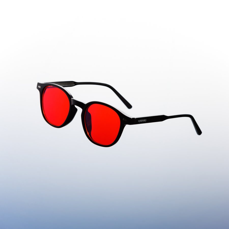 Black-frame red lens glasses